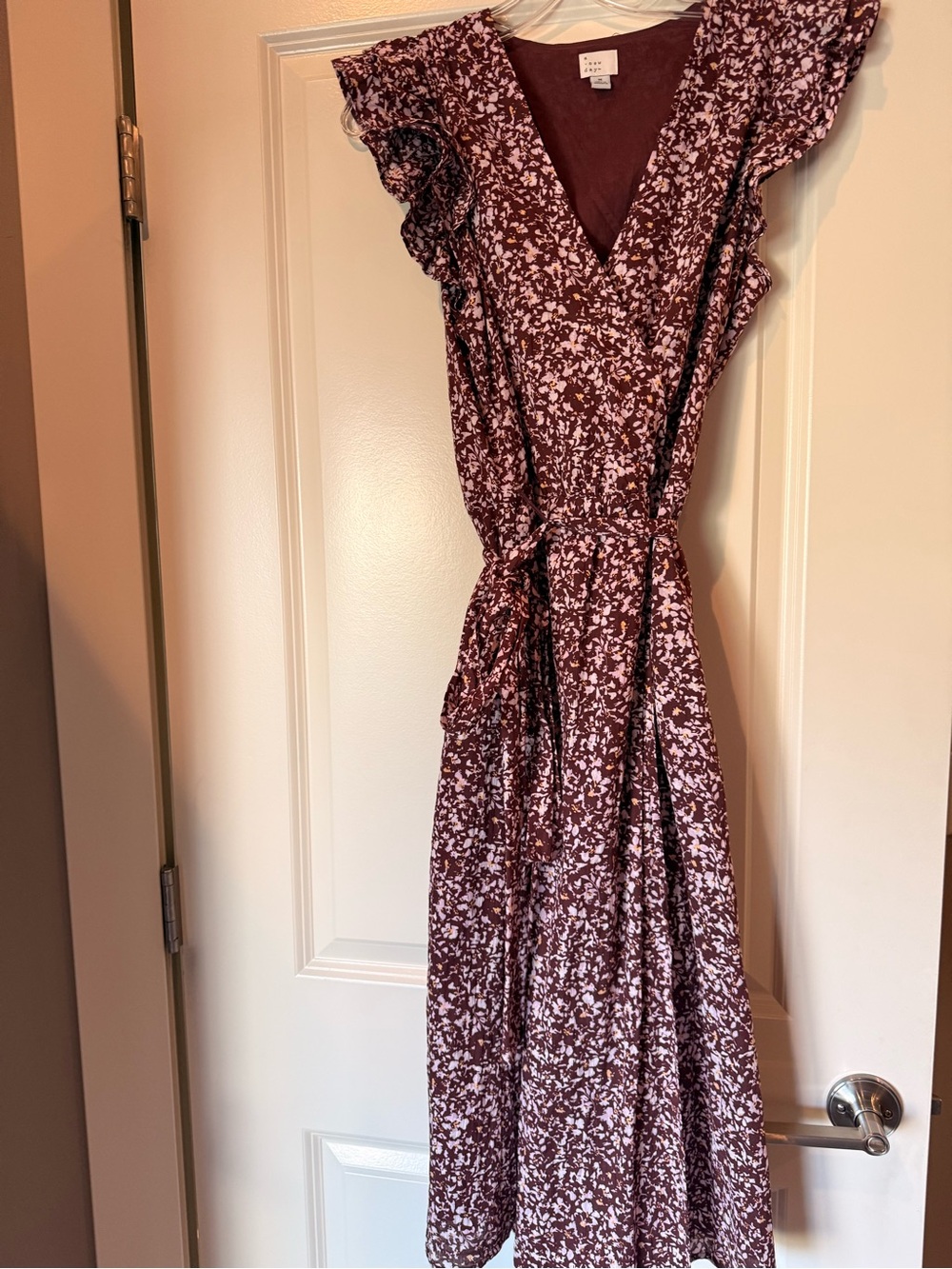 a new day Burgundy Floral Wrap Midi Dress with Flutter Sleeves - Picture 1 of 3